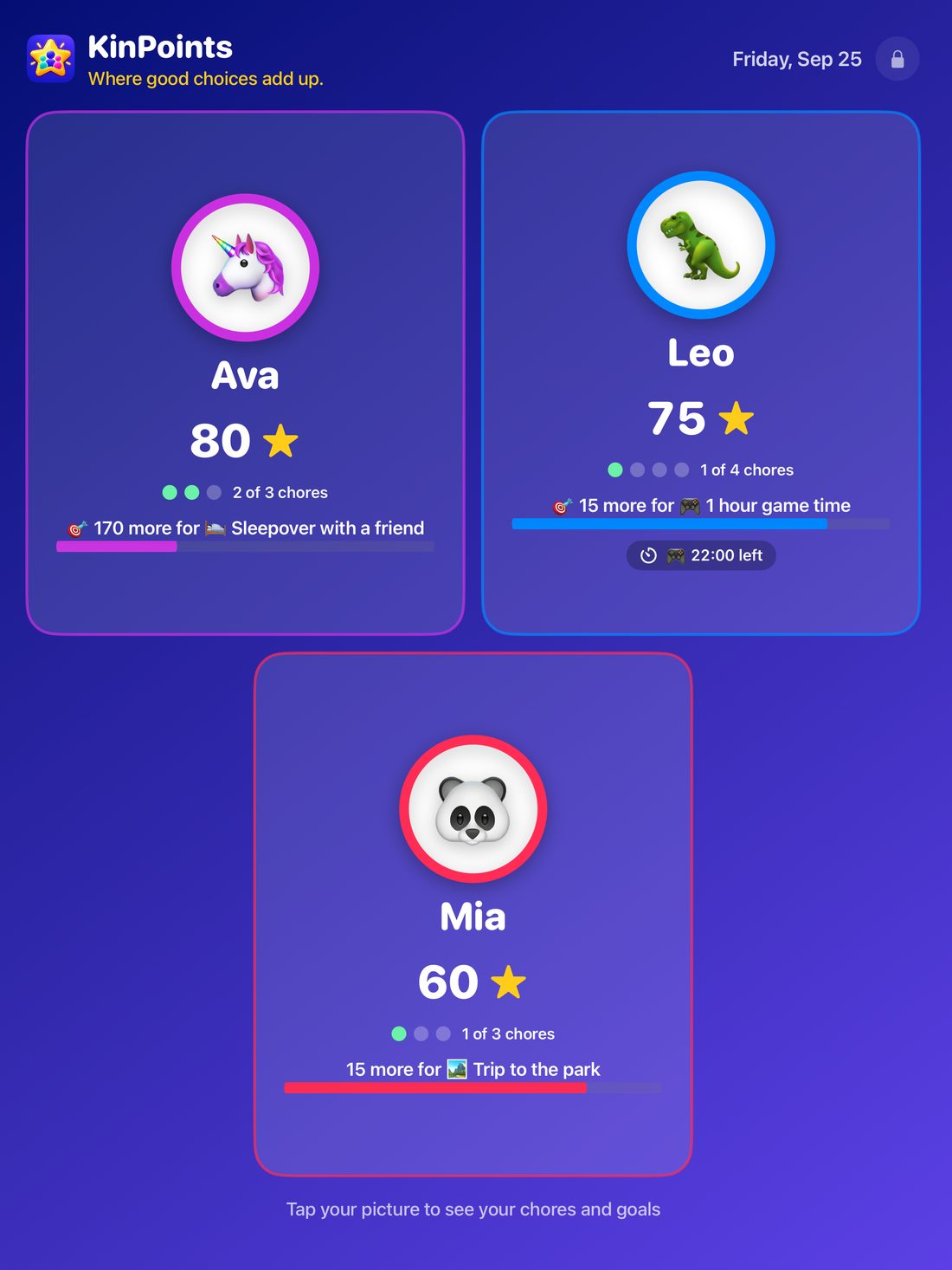 The Family Board on an iPad showing Ava, Leo and Mia with their stars and chores