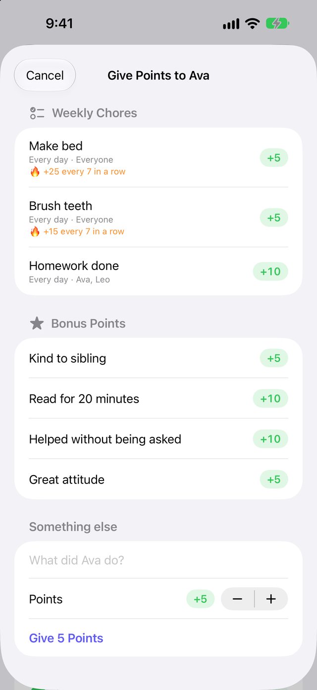 The Give Points screen listing chores and bonus points with their point values