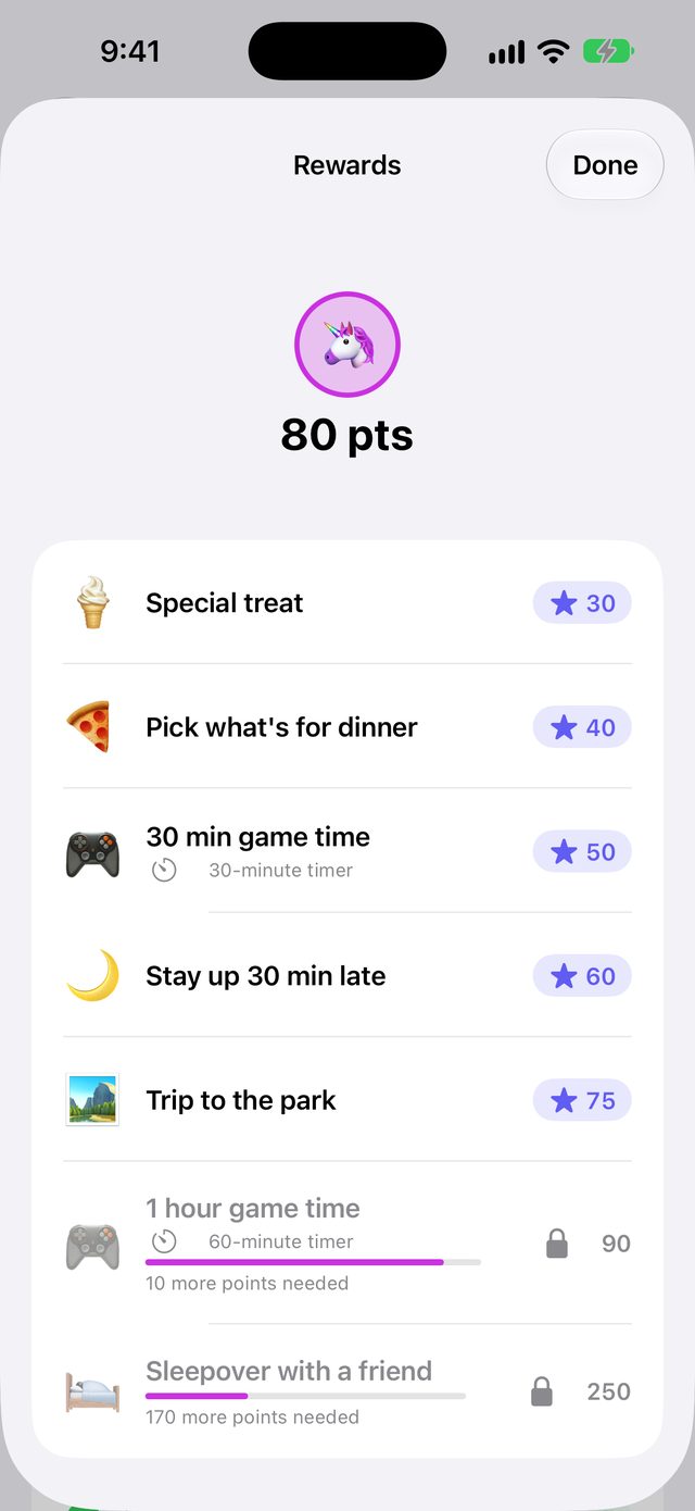 The reward store showing rewards like game time with their point prices
